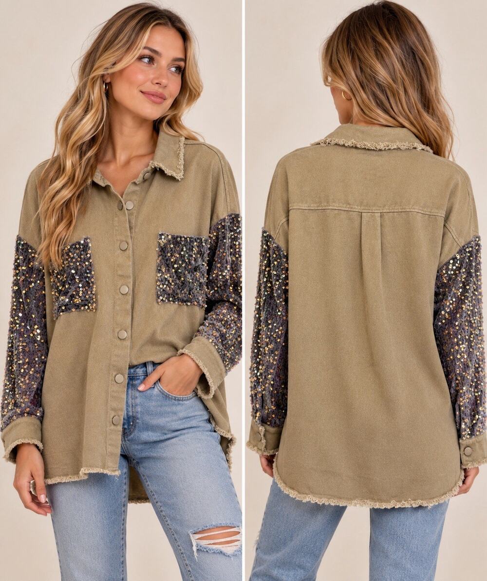 CHICME XL Olive Green Button-Up Shirt Jacket Shacket Collared L/S Sequin Pockets